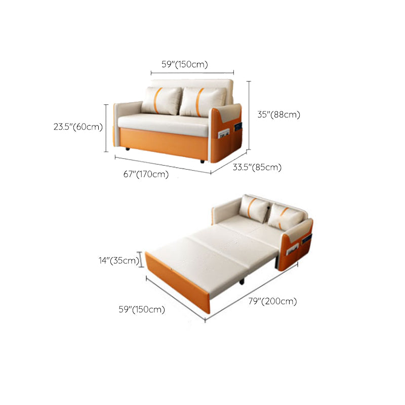 Convertible Stain Resistant Sofa Bed Faux Leather Seating in Orange and Beige