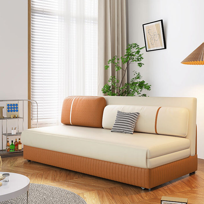 Faux Leather Convertible Sofa Bed Stain Resistant Seating in Beige and Orange