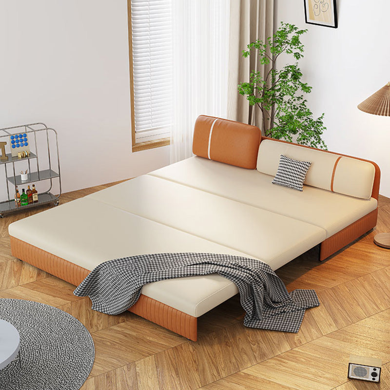 Faux Leather Convertible Sofa Bed Stain Resistant Seating in Beige and Orange