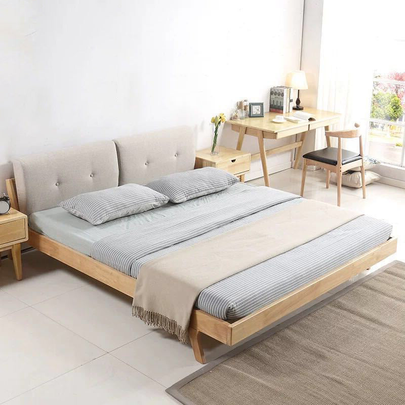 Scandinavian Solid Wood Panel Bed Linen Upholstered Bed with Nailhead Trim