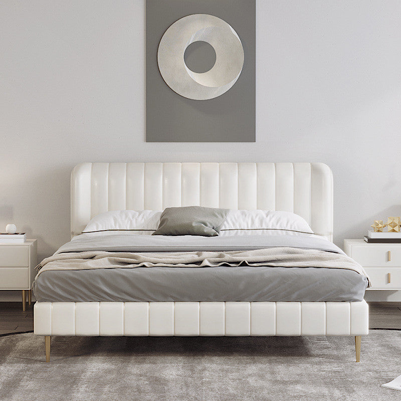 Genuine Leather Upholstered Bed Frame Cream Low Wingback Bed
