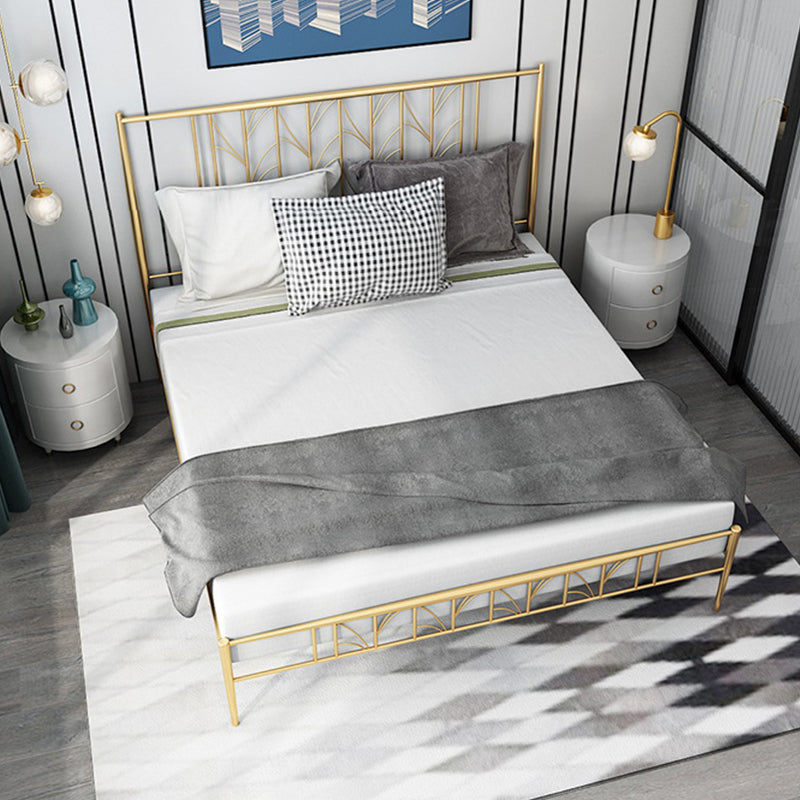 Black/Golden Open-Frame Bed with Rectangle Headboard in Iron