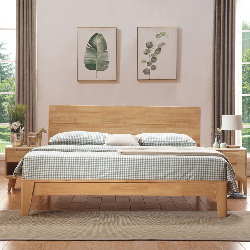 Scandinavian Rubberwood Queen & King Panel Bed Low Bed Frame with Headboard