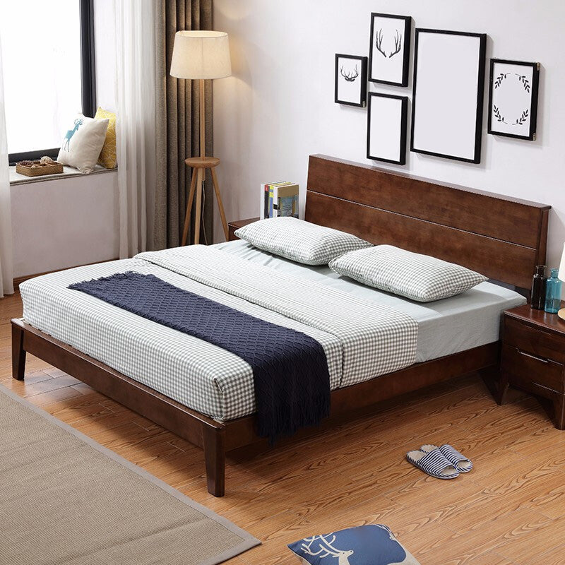 Scandinavian Rubberwood Queen & King Panel Bed Low Bed Frame with Headboard