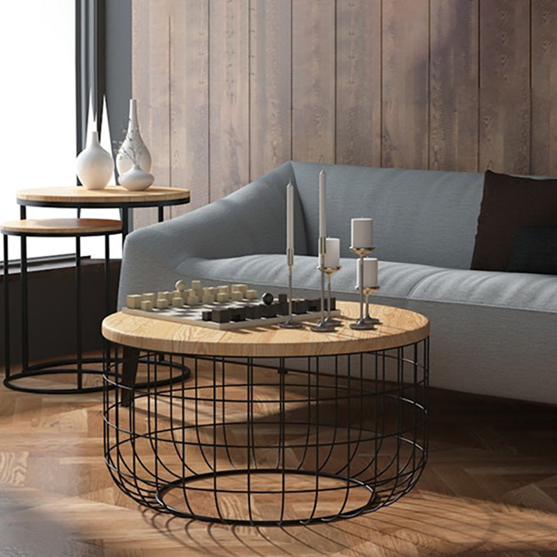 Scandinavian Natural Round Wood Coffee Table Frame Iron Cocktail Table