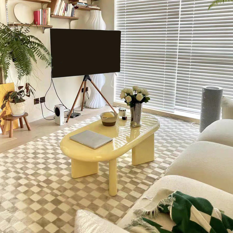 Contemporary Wooden Oval Coffee Table with 4 Legs in White/Yellow