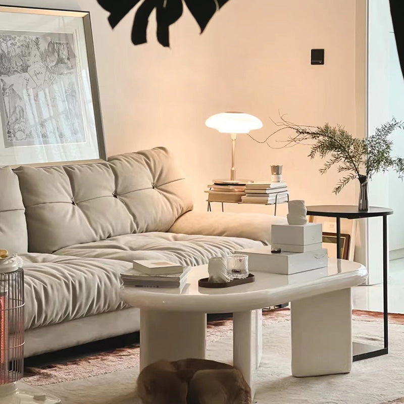 Contemporary Wooden Oval Coffee Table with 4 Legs in White/Yellow
