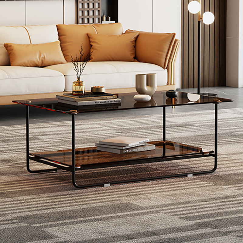 17.7"H Rectangle Glass Coffee Table Metal Sled Base Cocktail Table with Shelf