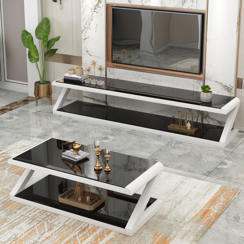 17.7"H Rectangle Glass Coffee Table Steel Abstract Base Cocktail Table with Shelf