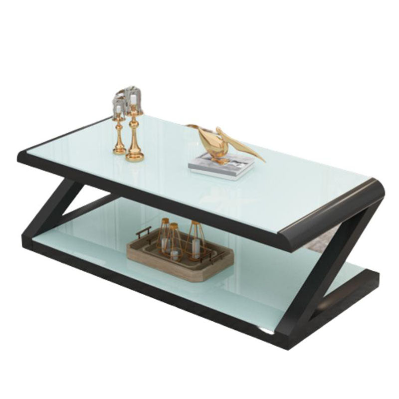 17.7"H Rectangle Glass Coffee Table Steel Abstract Base Cocktail Table with Shelf