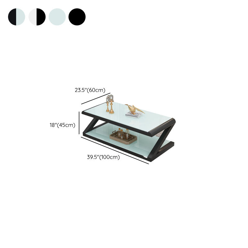 17.7"H Rectangle Glass Coffee Table Steel Abstract Base Cocktail Table with Shelf