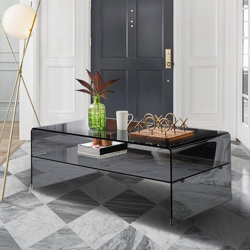 Modern Rectangle Glass Coffee Table Sled Base Cocktail Table with Shelf