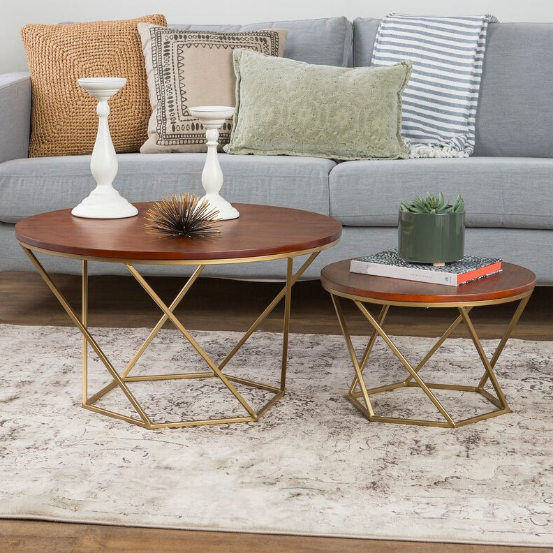 Modern Round Wood Frame Coffee Table Brown Finish Cocktail Table