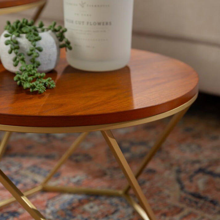 Modern Round Wood Frame Coffee Table Brown Finish Cocktail Table
