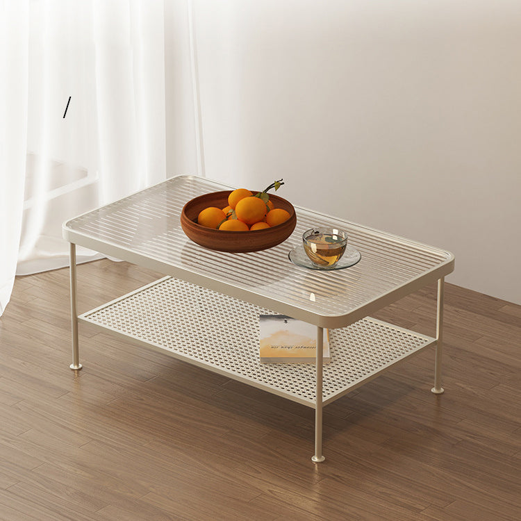 4 Legs Cocktail Table Glass Rectangular Coffee Table with Shelf
