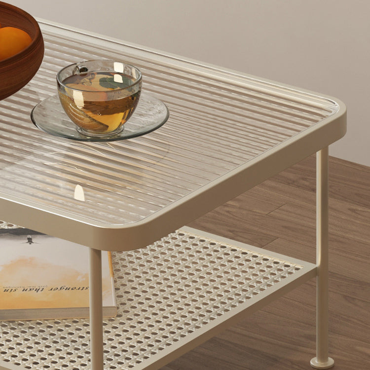 4 Legs Cocktail Table Glass Rectangular Coffee Table with Shelf