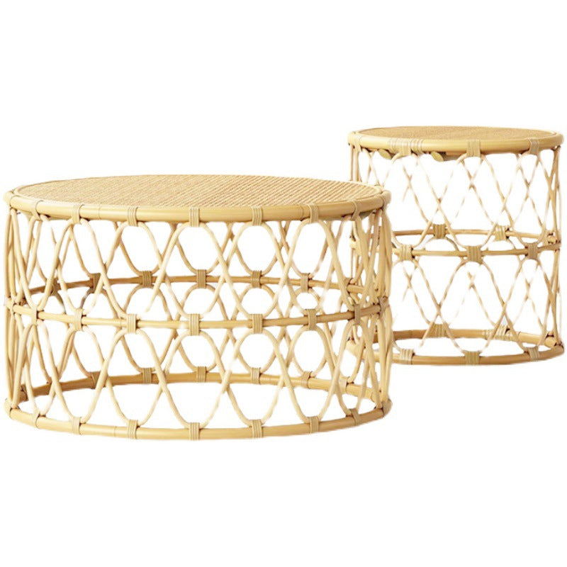 Contemporary 17.7"/19.6" Round Coffee Table Rattan Drum Cocktail Table