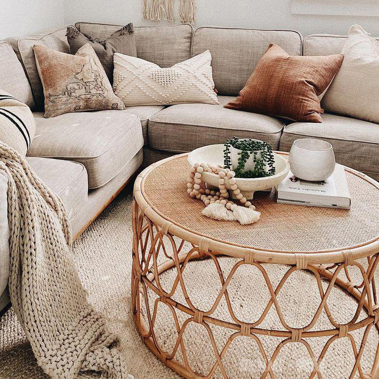 Contemporary 17.7"/19.6" Round Coffee Table Rattan Drum Cocktail Table