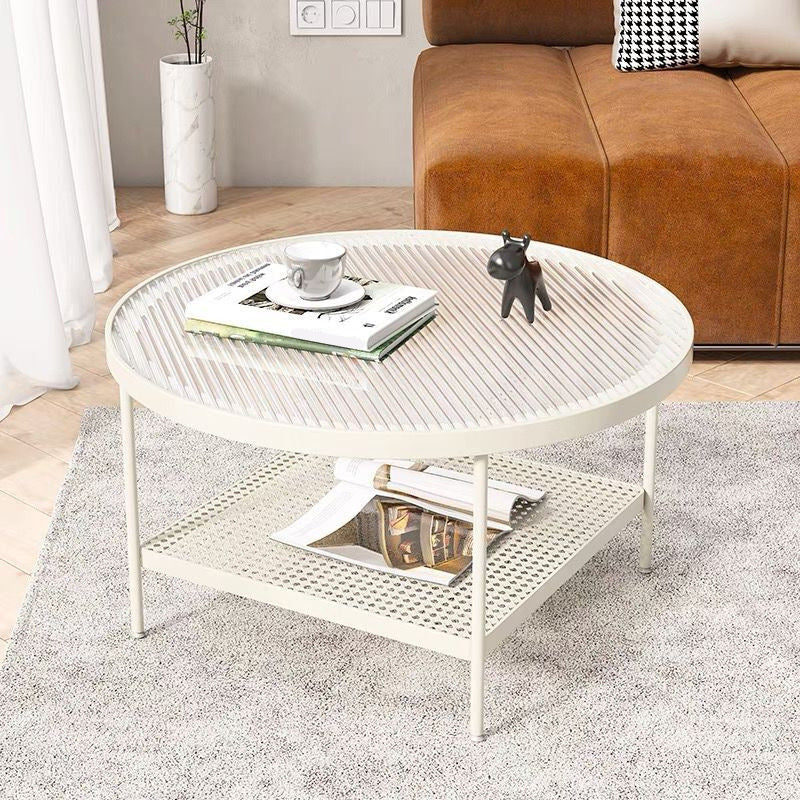 Round Glass Cocktail Table Iron 4 Legs Coffee Table with Shelf
