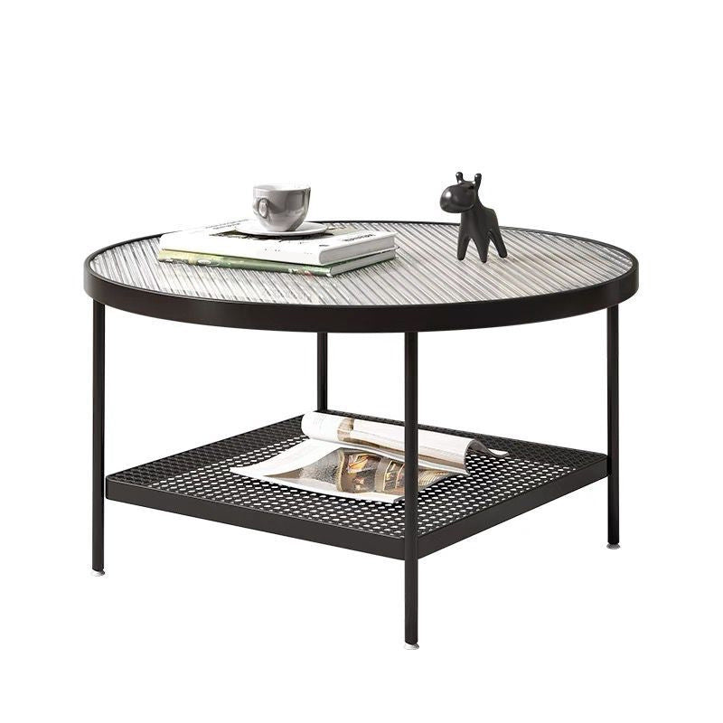 Round Glass Cocktail Table Iron 4 Legs Coffee Table with Shelf
