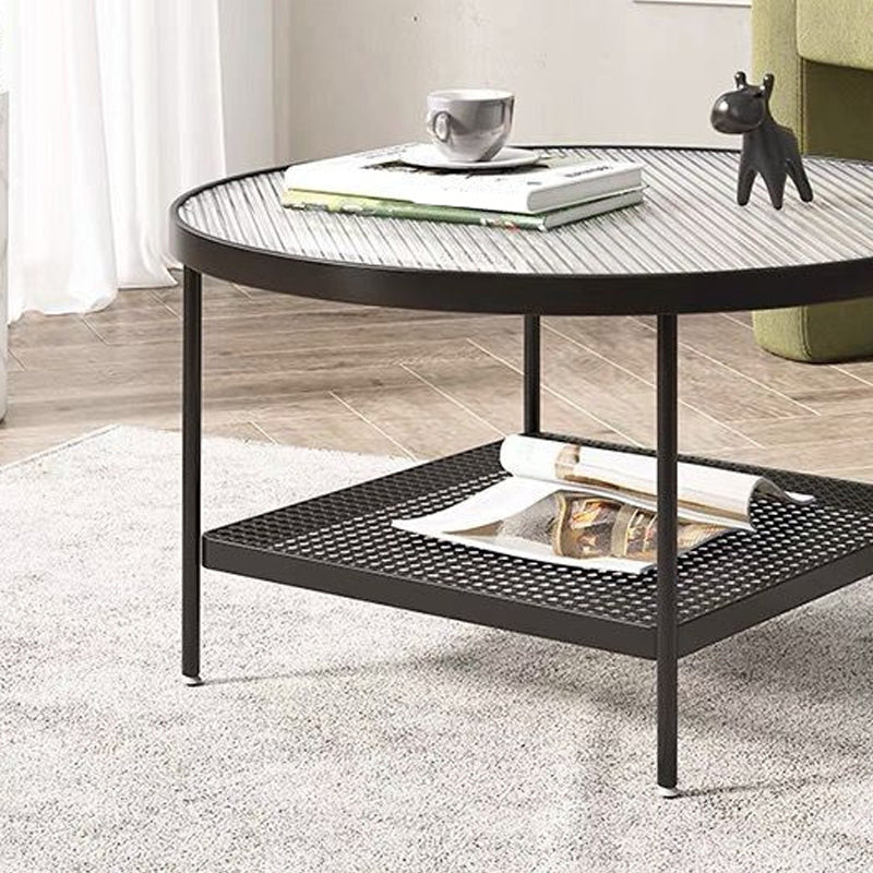 Round Glass Cocktail Table Iron 4 Legs Coffee Table with Shelf