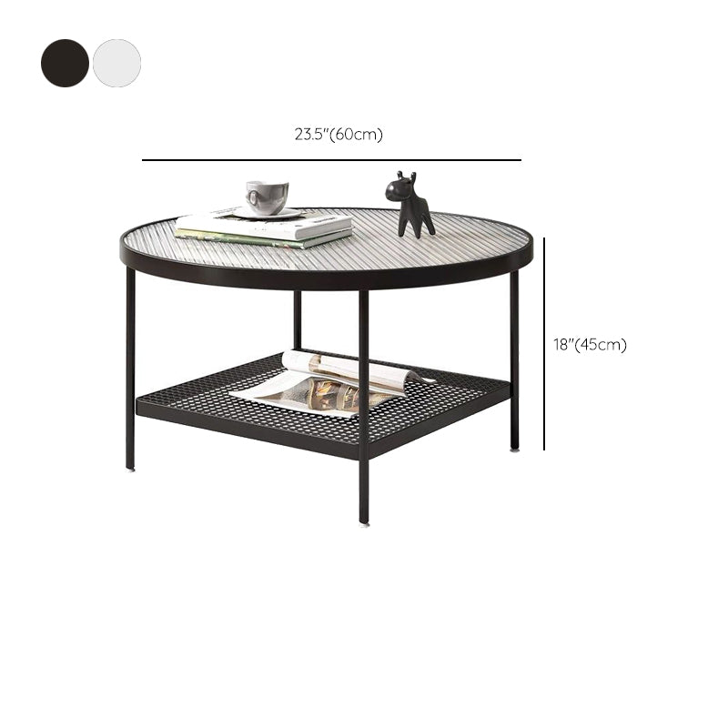 Round Glass Cocktail Table Iron 4 Legs Coffee Table with Shelf