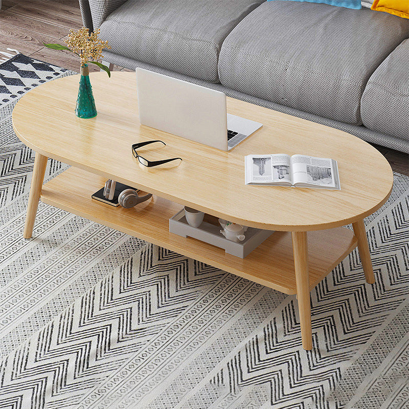 Contemporary Wooden Oval Coffee Table with 4 Legs and 1 Shelf