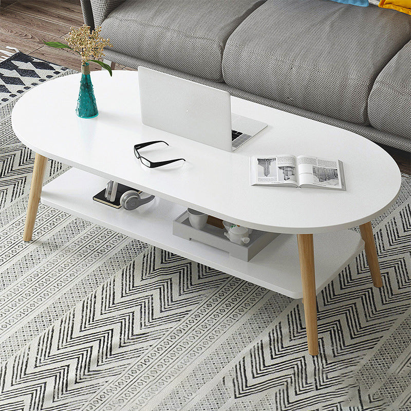 Contemporary Wooden Oval Coffee Table with 4 Legs and 1 Shelf