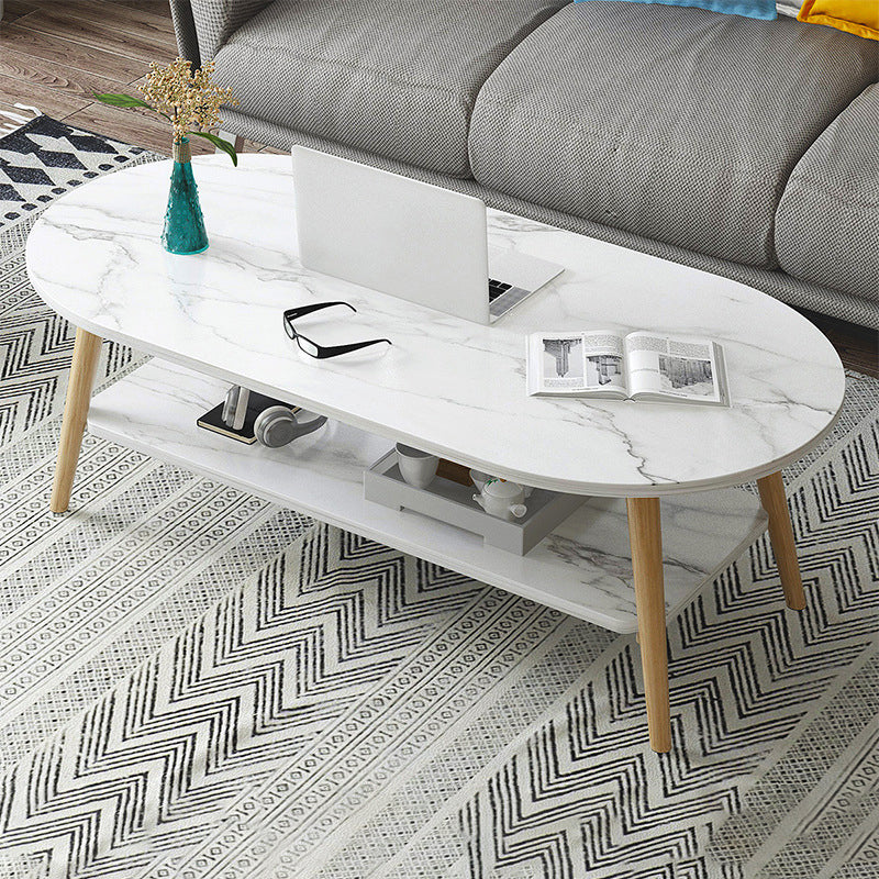Contemporary Wooden Oval Coffee Table with 4 Legs and 1 Shelf