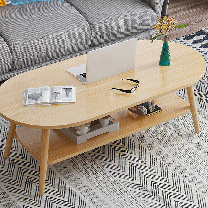 Contemporary Wooden Oval Coffee Table with 4 Legs and 1 Shelf