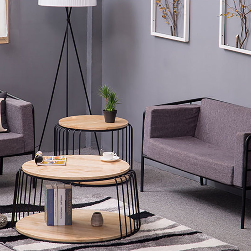 Nordic Solid Wood Round Coffee Cocktail Table with Floor Shelf