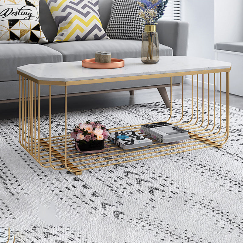 Contemporary Glass & Marble Coffee Table Octagon 1 Single Cocktail Table with Shelf