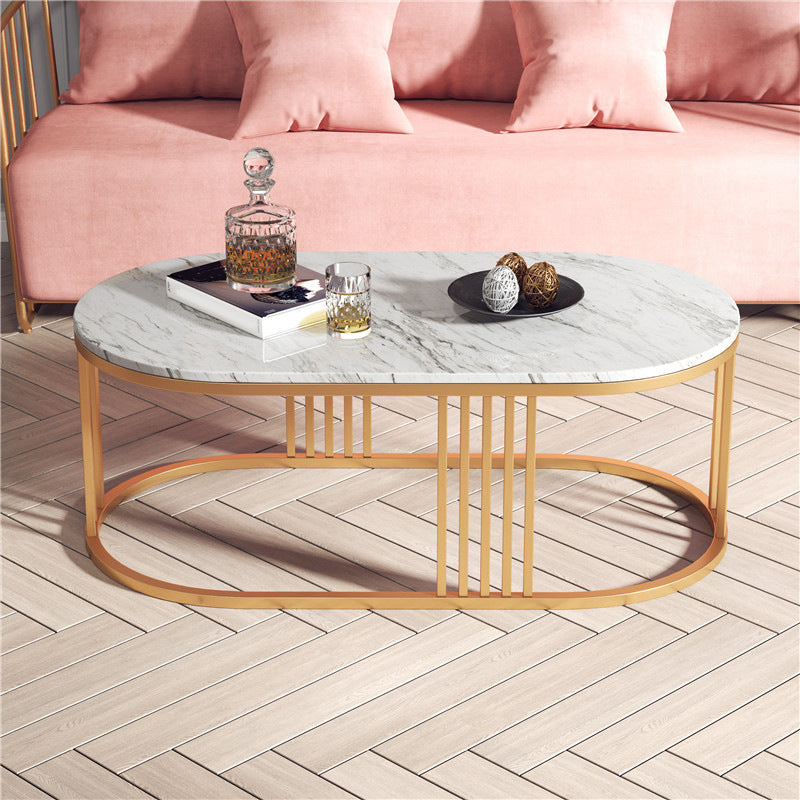 Glam Oval Coffee Table with Marble Top and Iron Frame Base 1 Piece