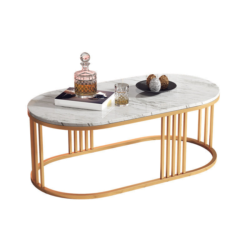 Glam Oval Coffee Table with Marble Top and Iron Frame Base 1 Piece