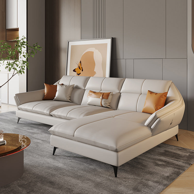 Scandinavian Sectional Sofa Pillowed Back Cushions White Leather Sectional