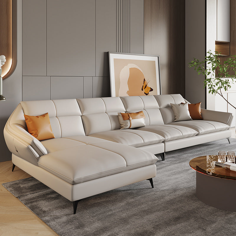 Scandinavian Sectional Sofa Pillowed Back Cushions White Leather Sectional