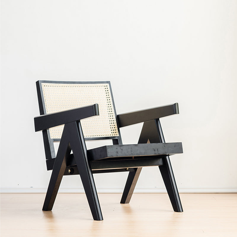 Woven Back Lounge Chair Basic Four Leg Solid Wood Chair with Cushion