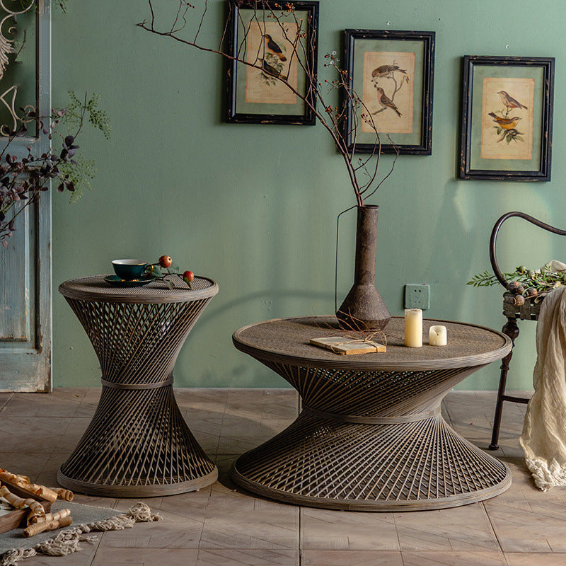 French Country Style Side Table with Round Aged Frame Base for Living Room
