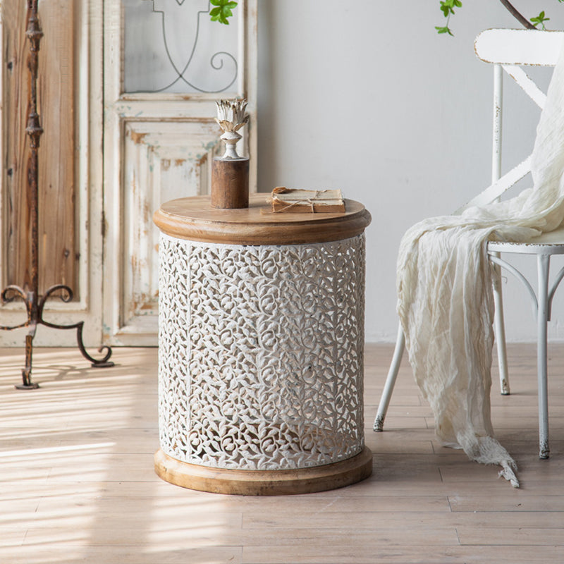 Solid Wood Round Top Side End Table Metal Drum End Table for Living Room