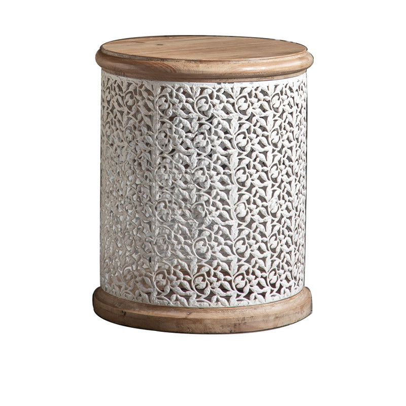 Solid Wood Round Top Side End Table Metal Drum End Table for Living Room