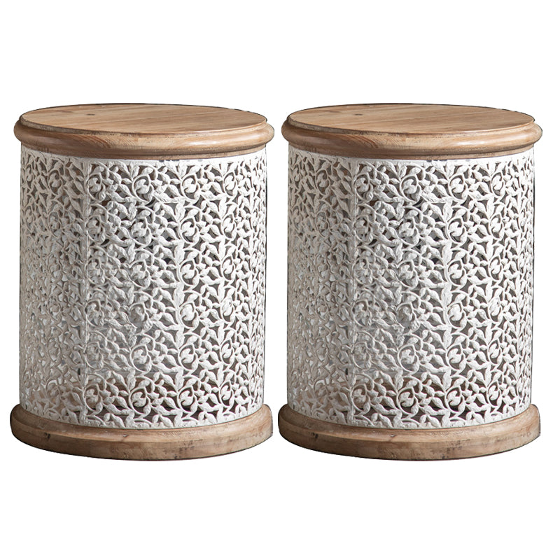 Solid Wood Round Top Side End Table Metal Drum End Table for Living Room