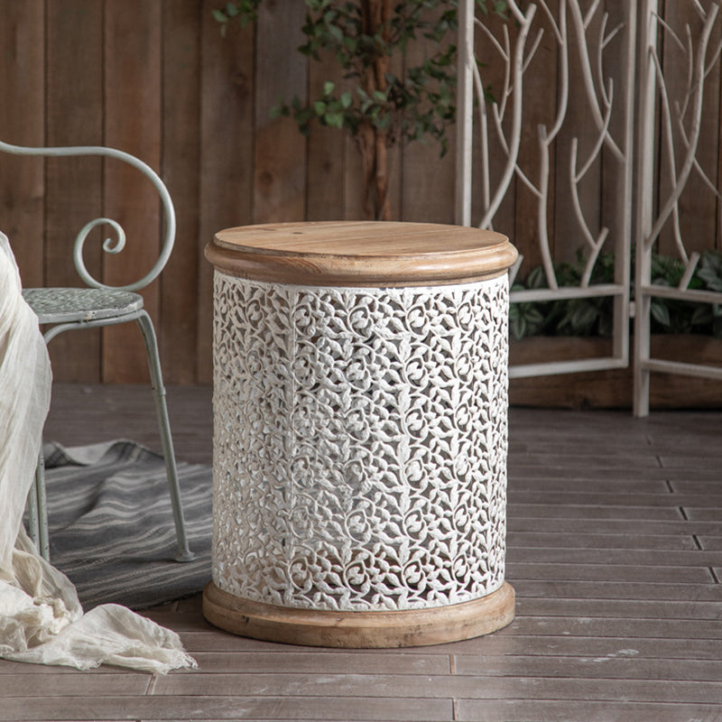 Solid Wood Round Top Side End Table Metal Drum End Table for Living Room