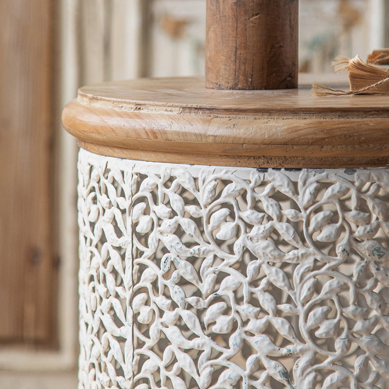 Solid Wood Round Top Side End Table Metal Drum End Table for Living Room