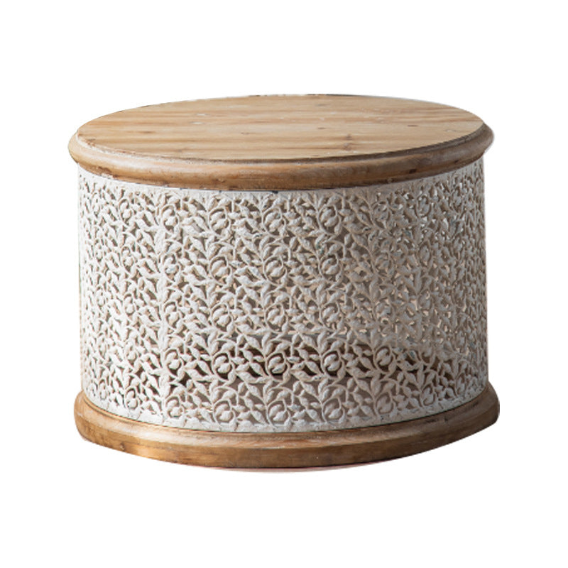 Solid Wood Round Top Side End Table Metal Drum End Table for Living Room
