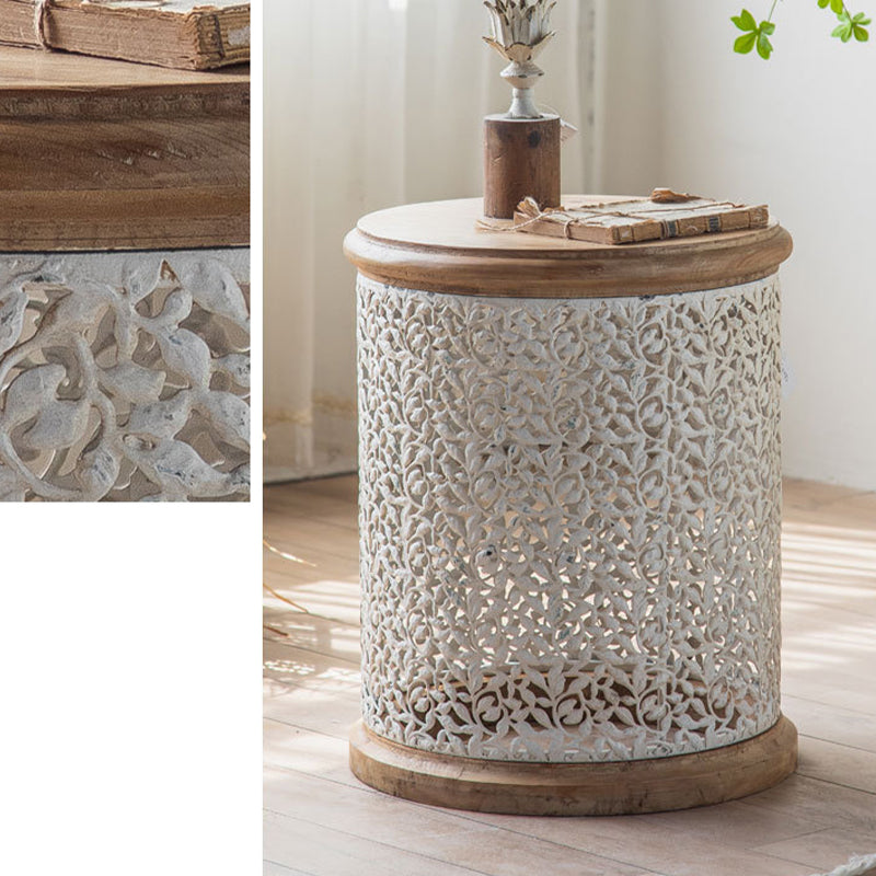 Solid Wood Round Top Side End Table Metal Drum End Table for Living Room