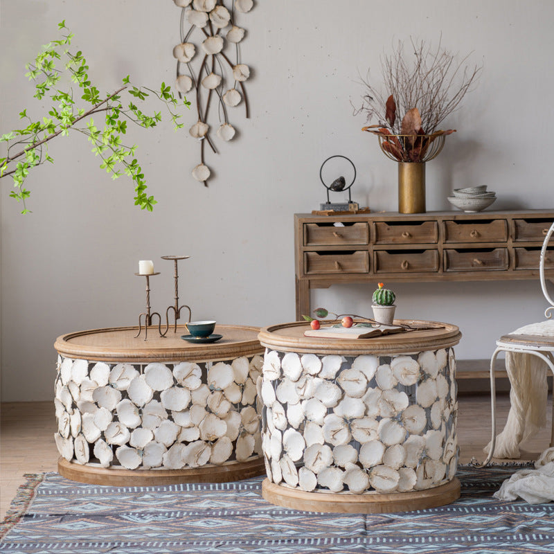 Rustic Solid Wood Round Top Distressed Drum End Table with Metal Base