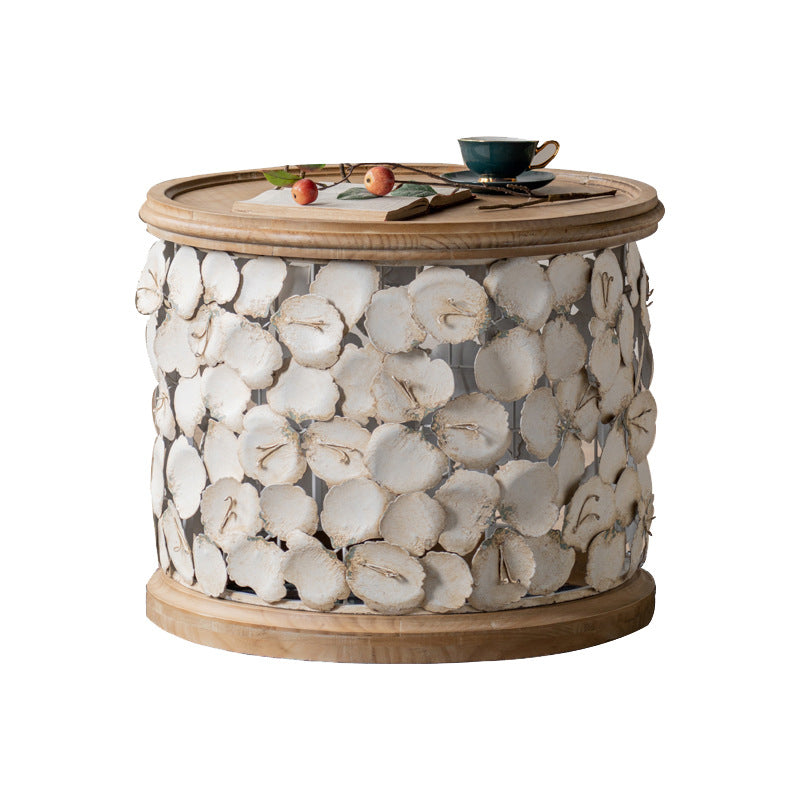 Rustic Solid Wood Round Top Distressed Drum End Table with Metal Base