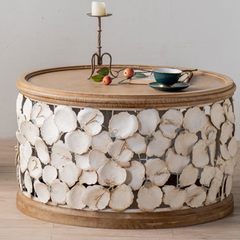 Rustic Solid Wood Round Top Distressed Drum End Table with Metal Base