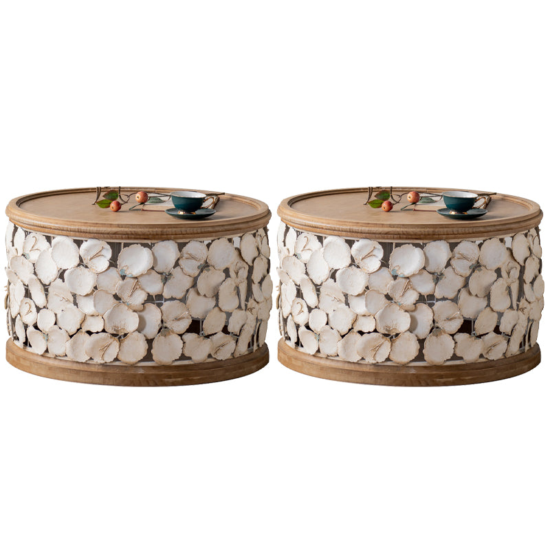 Rustic Solid Wood Round Top Distressed Drum End Table with Metal Base