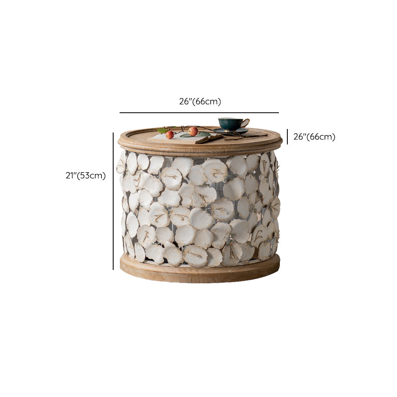 Rustic Solid Wood Round Top Distressed Drum End Table with Metal Base